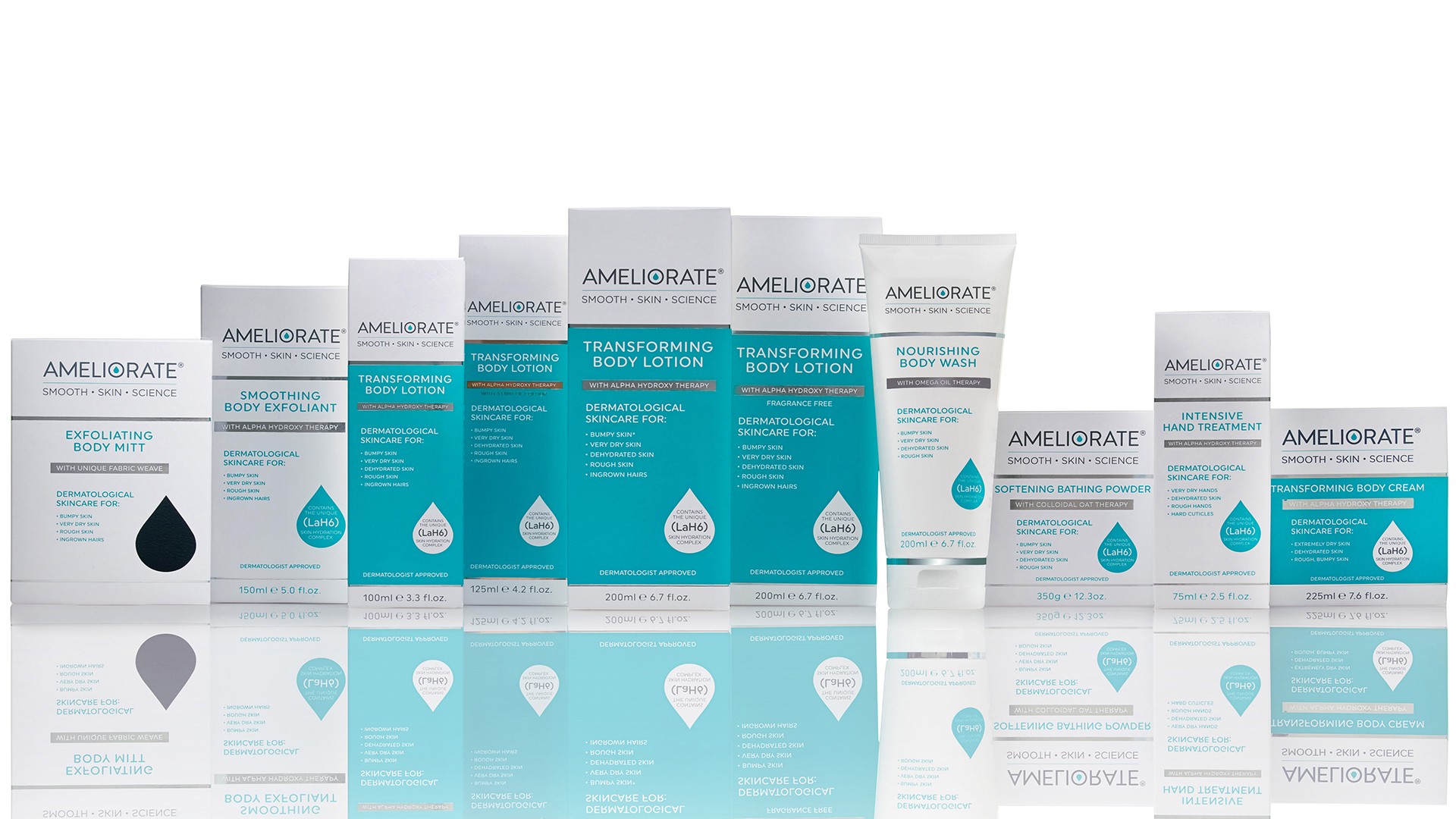 Ten Ameliorate products lined up with reflection below them