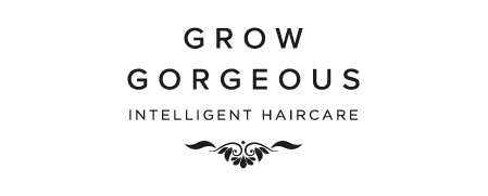 Black Grow Gorgeous logo with "intelligent haircare" written in black underneath on white background.